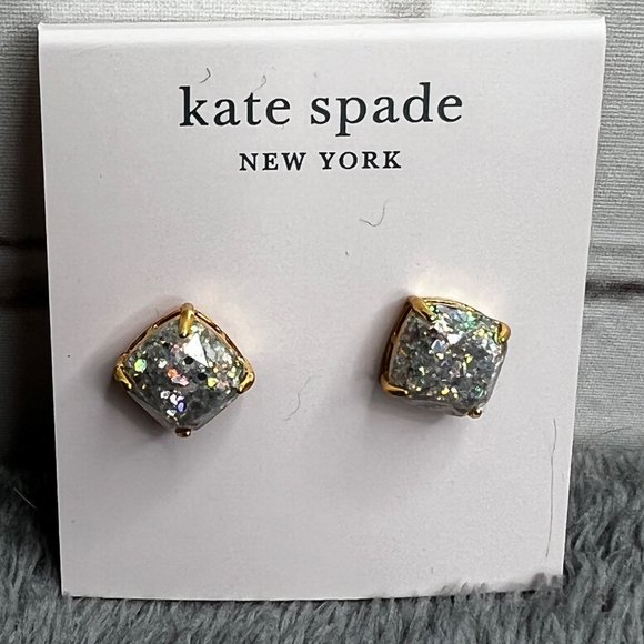 Kate Spade Opal Glitter Square Stud Earrings Gold Plated with Pouch NWT - Picture 4 of 8